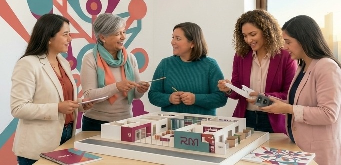 Socias de Red Matriz trabajando juntas en un taller
